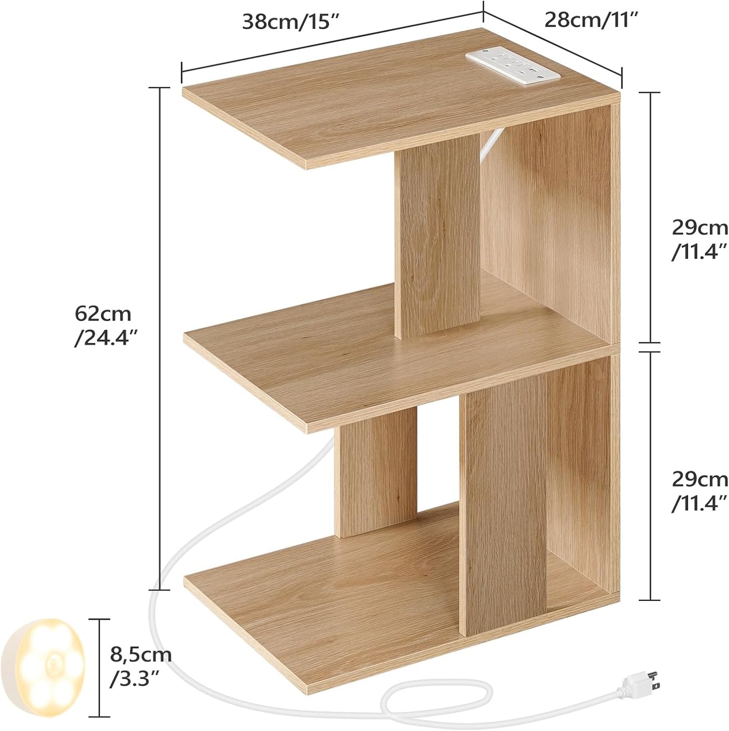Modern End Table with Charging Station, Narrow Side Table for Small Spaces with 2 Open Storage Shelf, Narrow Nightstand with Light, Thin Bedside Table for Living Room, Natural ETNA18E01