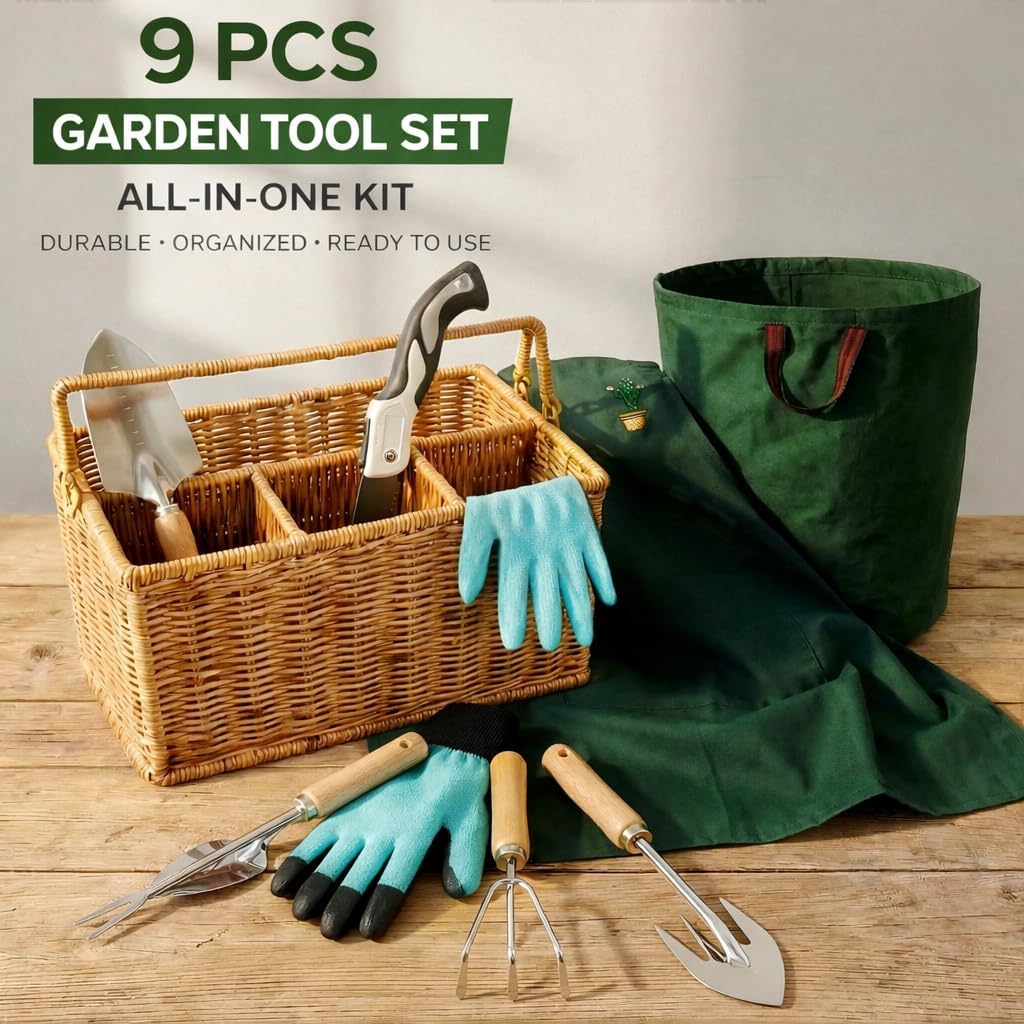 All-in-One Garden Tool Set with Basket, Stainless Steel Garden Tools with Wooden Handles, Garden Apron/Garden Waste Bags/Gardening Gloves Gardening Gift Set