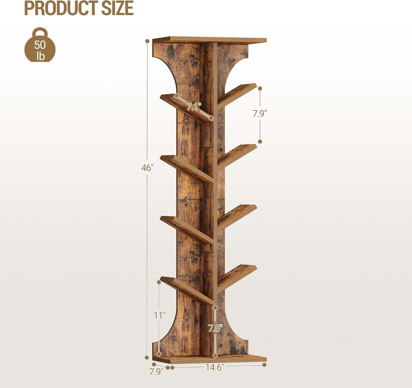 Tree Bookshelf, 11 Tier Narrow Bookcase, Display Shelf, Book Organizer, Small Floor Standing Book Shelf for Bedroom, Living Room, Home Office, Rustic Brown BC01601X