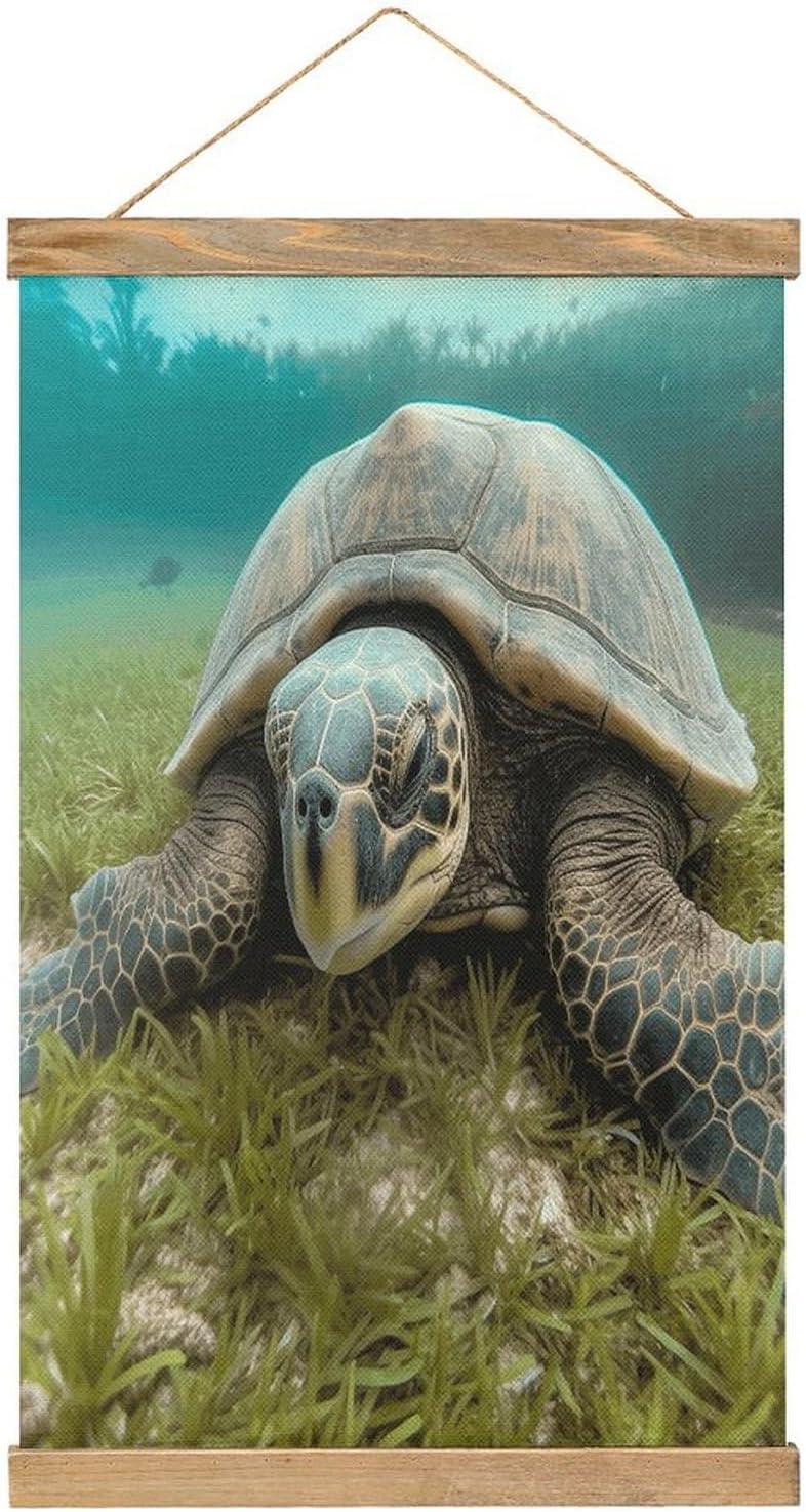 Vintage Big Tortoise Poster with Wooden Frame Personalized Linen Hanging Scroll Painting Rustic Wall Hanging Illustrative Modern Artwork Decor for Home Living Room Bedroom Office