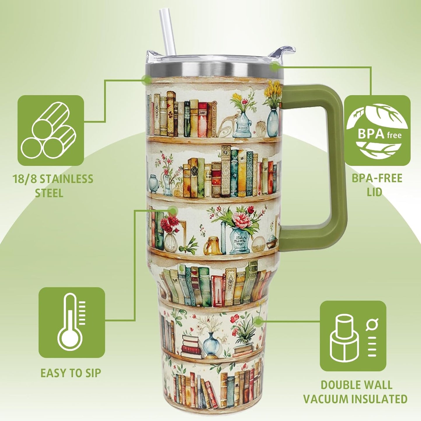 Book Lovers Gifts 40oz Retro Bookshelf Tumbler with Handle and Straw Watercolor Flowers Bookworm Coffee Travel Mugs Insulated Cup Gifts for Women Readers,Reading,Bookish,Librarian,Books Accessories
