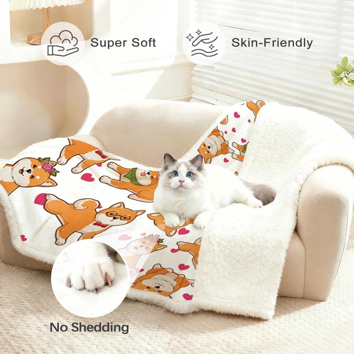 BlessLiving Shiba Blanket Cute Dog Heart Print Fleece Blanket Watercolor Pet Sherpa Blanket Throw Kids Girls Kawaii Shiba Inu Throw Blanket for Dog Lover Gift Home Decor (50 X 60 Inches)