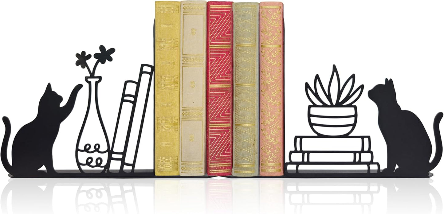 Whimsical Cat & Botanical Bookends – Unique Metal Bookends with Cats, Plants & Stacked Books Design | Cute Decorative Book Supports for Cat Lovers