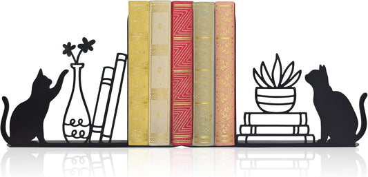 Whimsical Cat & Botanical Bookends – Unique Metal Bookends with Cats, Plants & Stacked Books Design | Cute Decorative Book Supports for Cat Lovers