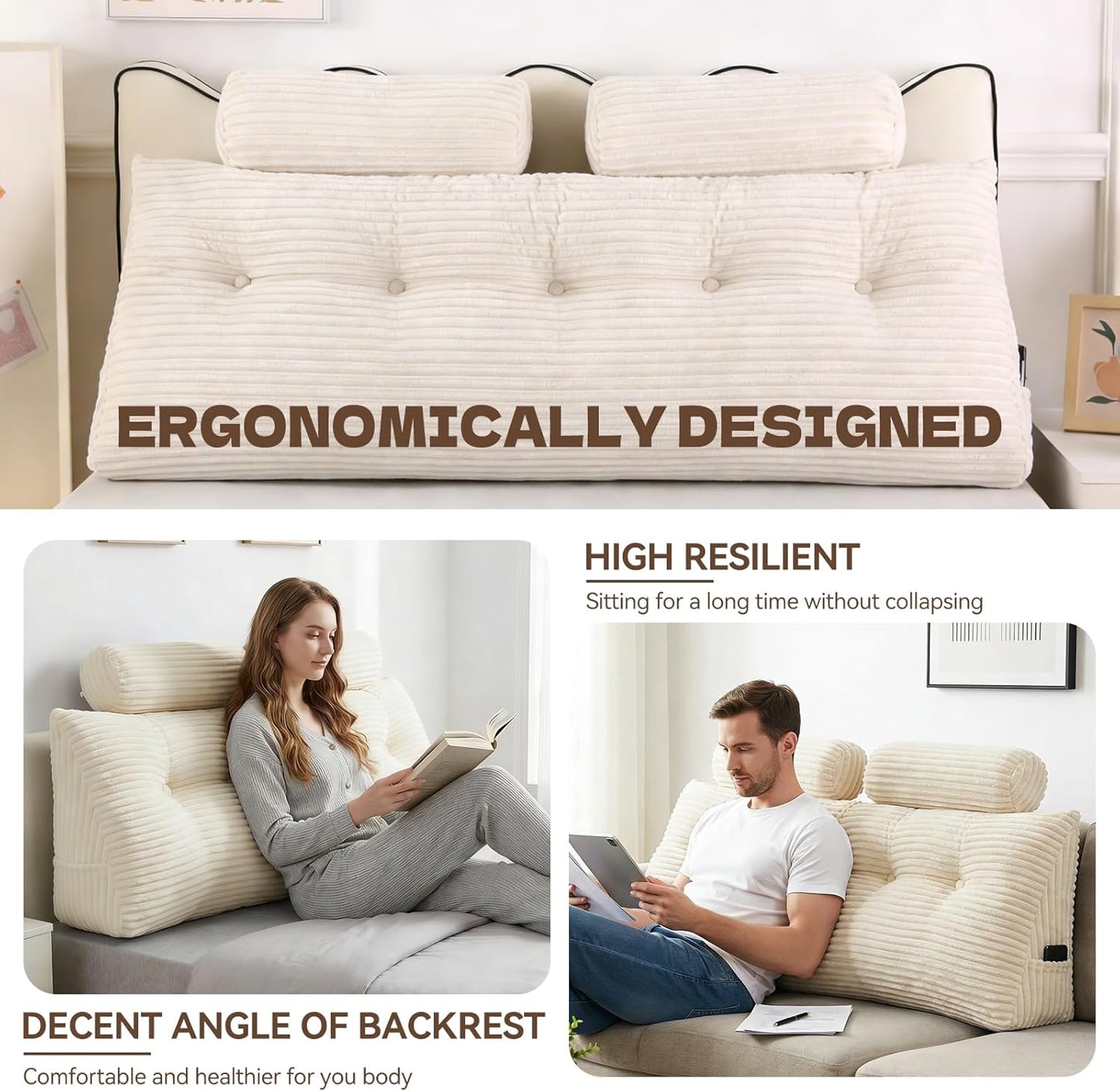 Headboard Pillow Full - Adjustable Back Support Wedge Pillow for Sitting Up in Bed, Perfect for Reading. Includes Removable & Washable Cover,Beige (54x8x20 Inches)