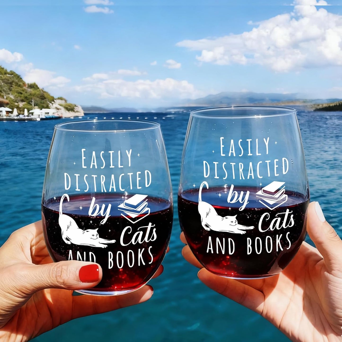 Bookish Wine Glass Gifts for Women Cat Book Lovers, Easily Distracted By Cat And Books glass, Funny 15oz Wine Glasses Birthday Christmas Reading day Gift for Her, Him, Readers, Bookworm, Librarians-48