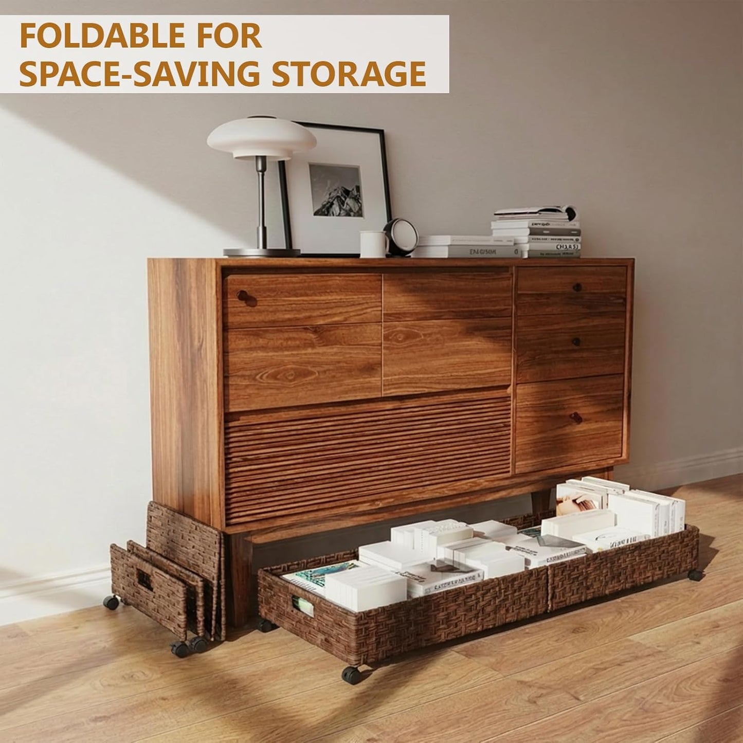 Under Bed Storage with Wheels, 40L Large Rolling Underbed Shoes Storage Boxs, Handwoven Rattan Under Bed Storage Organizer Drawers Containers for Clothes,Books,Toys,Brown(31.5 x 15.75 x 6.3 In)
