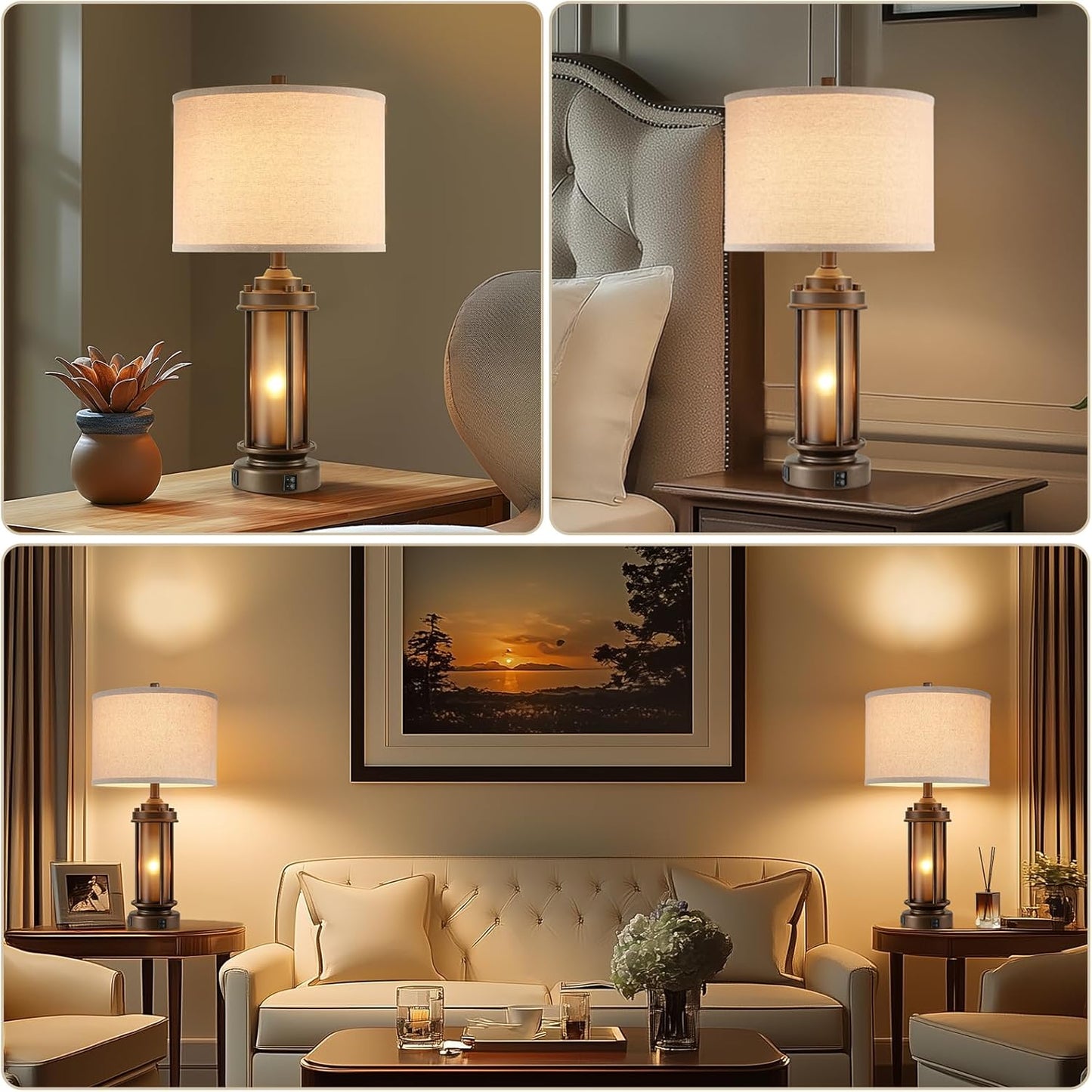 Set of 2 Farmhouse Table Lamps for Living Room, Rustic Vintage Bedside Lamps with 2 USB Ports, Bedroom Nightstand Lamp with Amber Glass Nightlight for End Table Entryway, 4 Bulbs Includes