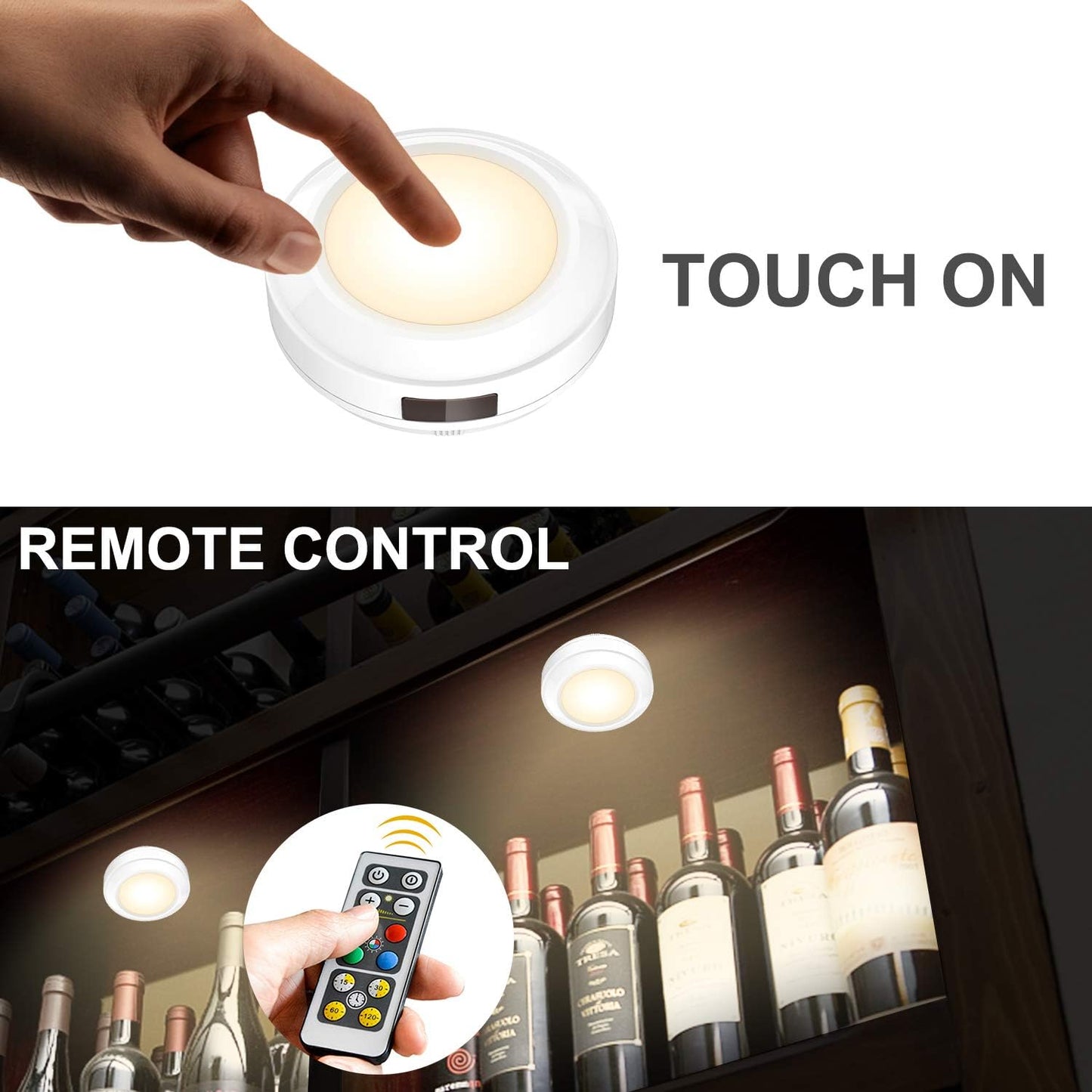 HONWELL Push Light, LED Puck Lights with Remote, Battery Operated RGB Fairy Lights Wireless Touch Tap Light Dimmable Closet Cabinet Lighting for Stick Voice Level Classroom