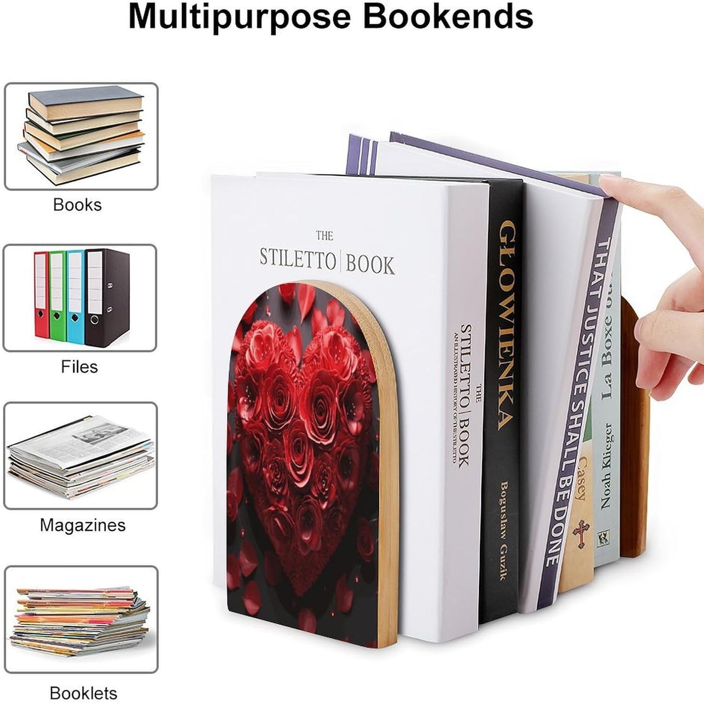 Red Rose Love Heart Bookend for Shelves Wooden Book End Large Size Sturdy Book Holders Stoppers with Metal Base for Bookshelves Slick Decorative Bookends Stands