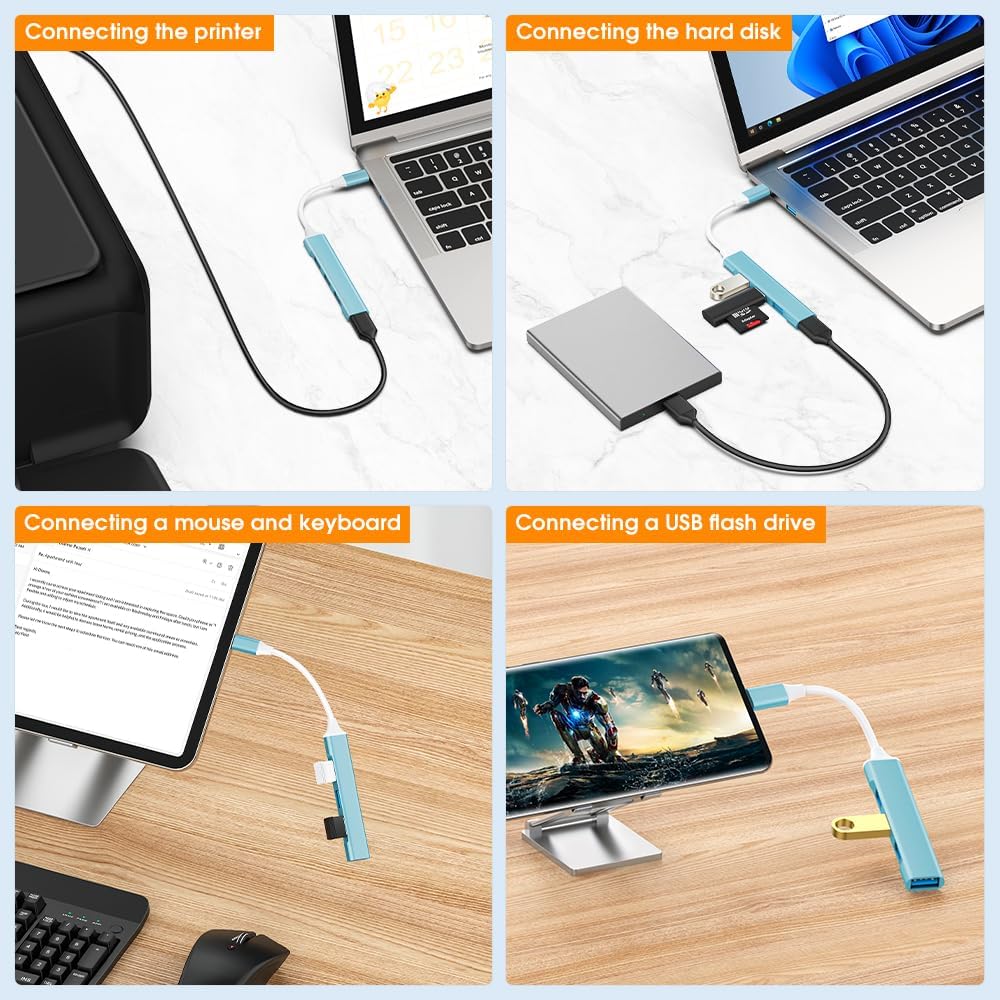 Mac USB C Adapter - Type C USB Adapter Hub with 4 Ports: 1 USB 3.0 + 3 USB 2.0, Ultra-Slim Aluminum Design, 5Gbps Transfer, Adapter for Mac USB C, Type C USB Hub (Light Blue)