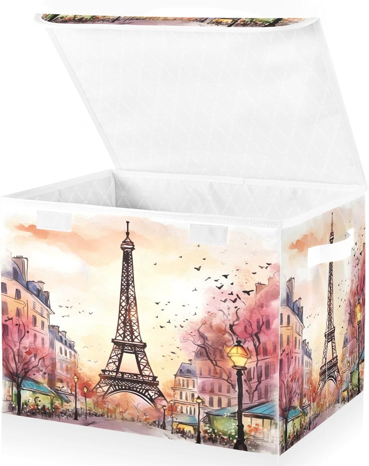 xigua Watercolor Paris Storage Bins with Lids and Carrying Handle,Foldable Storage Boxes Organizer Containers Baskets Cube with Cover for Home Bedroom Closet Office