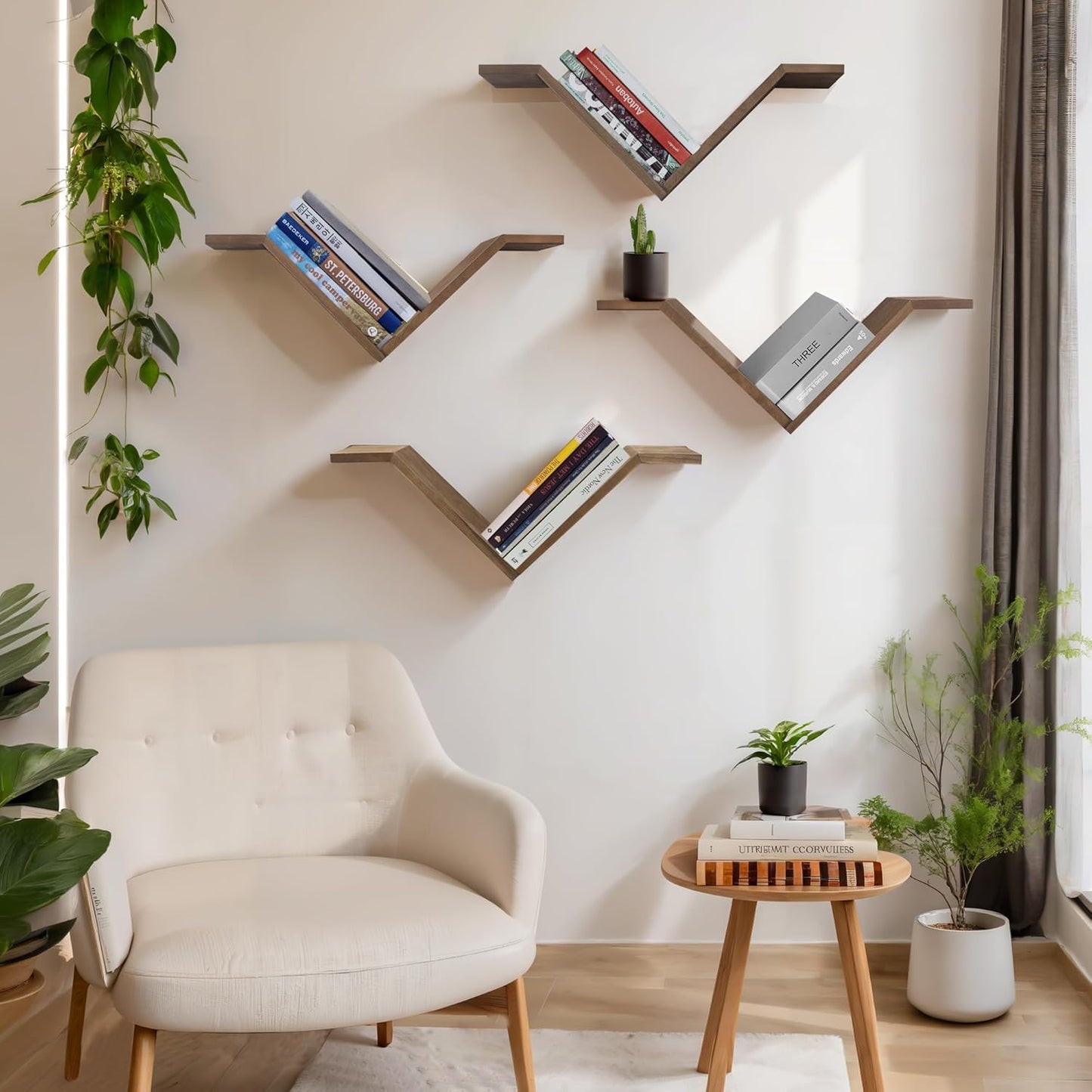 Book Shelf for Wall Set of 2, Modern Hanging Bookshelf Wall Mounted Desktop Book Shelves, Walnut Organizer for Bedroom Livingroom Office
