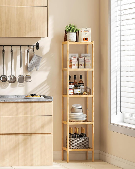 SONGMICS Bamboo Storage Shelf, 5-Tier Shelving Unit, Multifunctional, in the Entryway, Bathroom, Living Room, Balcony, Kitchen, 13 x 13 x 57.5 Inches, Light Bamboo UBCB55Y