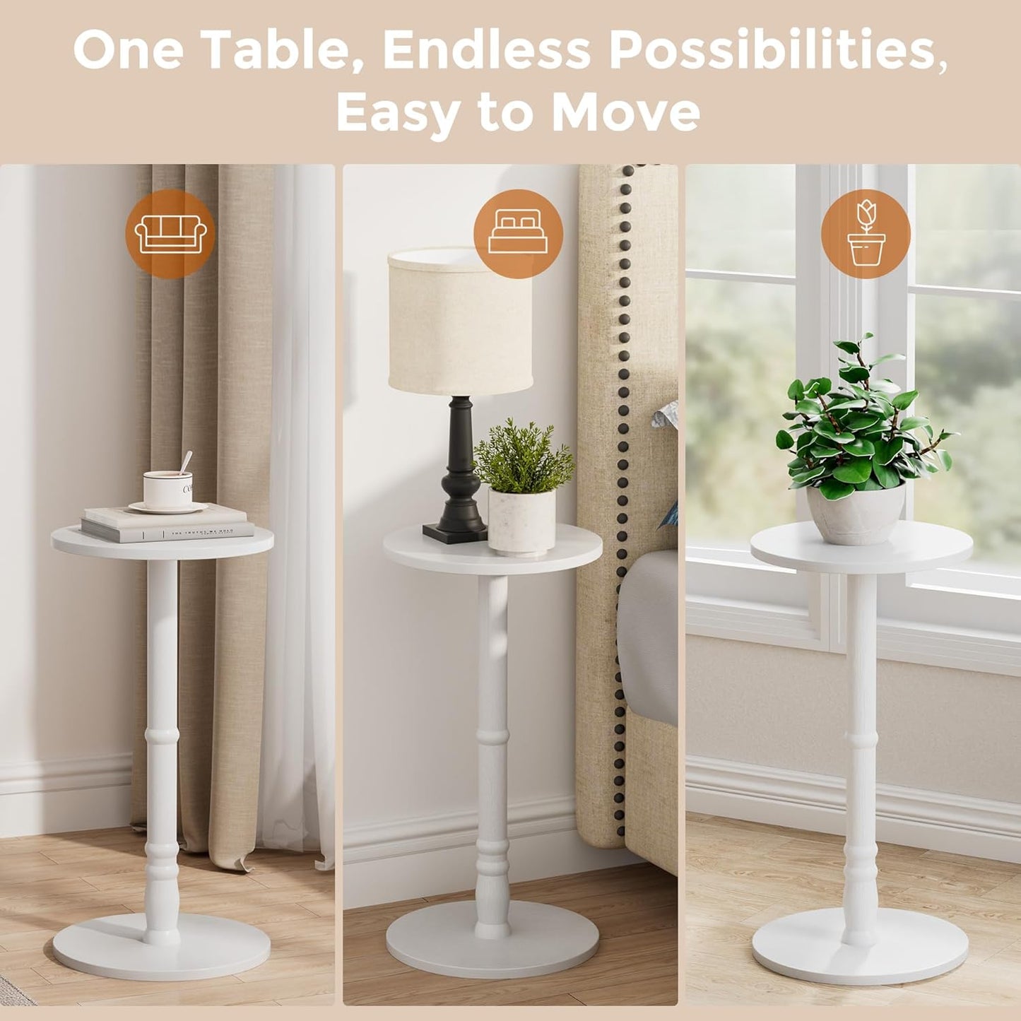 12" Round Side Tables Set of 2, Solid Wood Pillar with Wood Top & Base, Small Drink Accent Table for Living Room, Bedroom, Sofa & Office, Easy Assembly, White