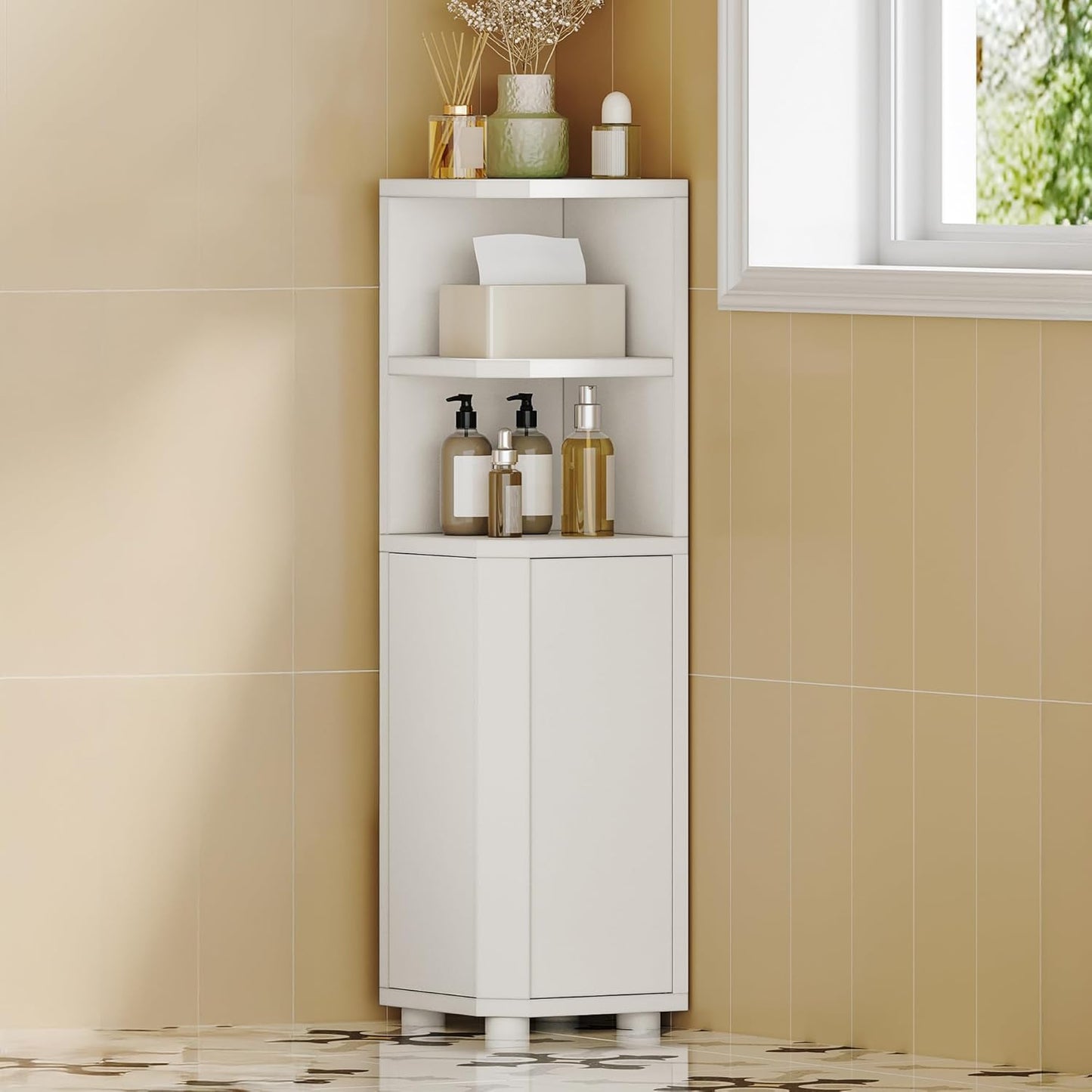 Corner Cabinet, Small Bathroom Corner Cabinet with Doors, Narrow Storage Cabinets with Adjustable Shelves, Bathroom Organizers and Storage for Small Space, White BC20003X