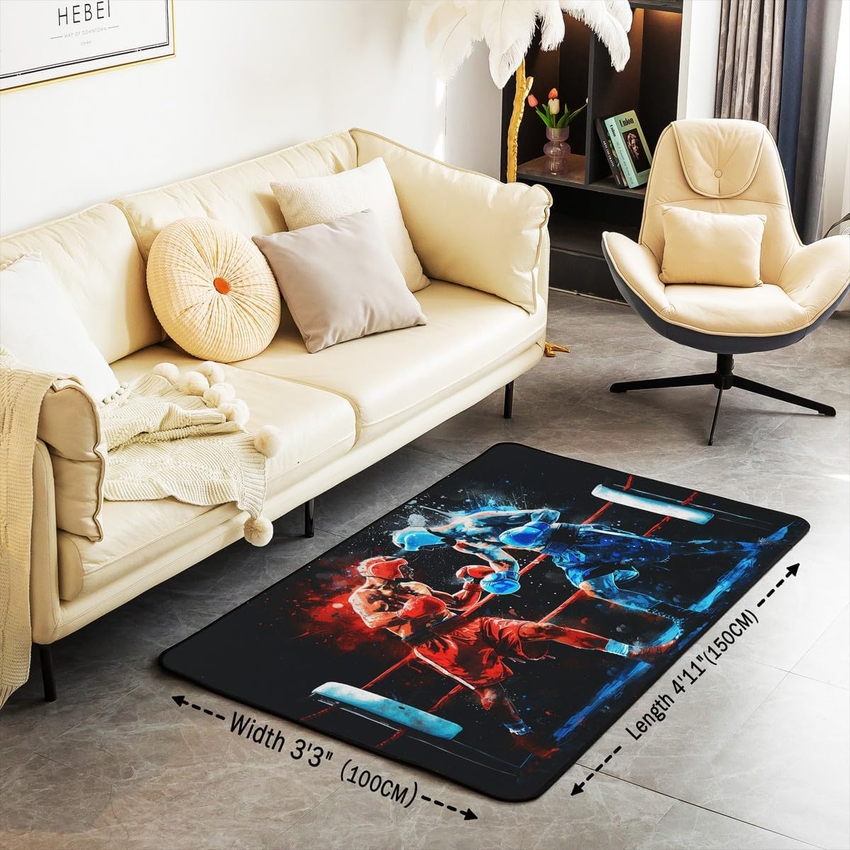 Erosebridal Boxing Area Rug 4'11" x 3'3" Sports Game Living Room Rugs for Kids Boys Men Pugilism Games Ice Flame Gloves Inspirational Red Blue Decorative Carpet Non Slip Indoor Floor Mat
