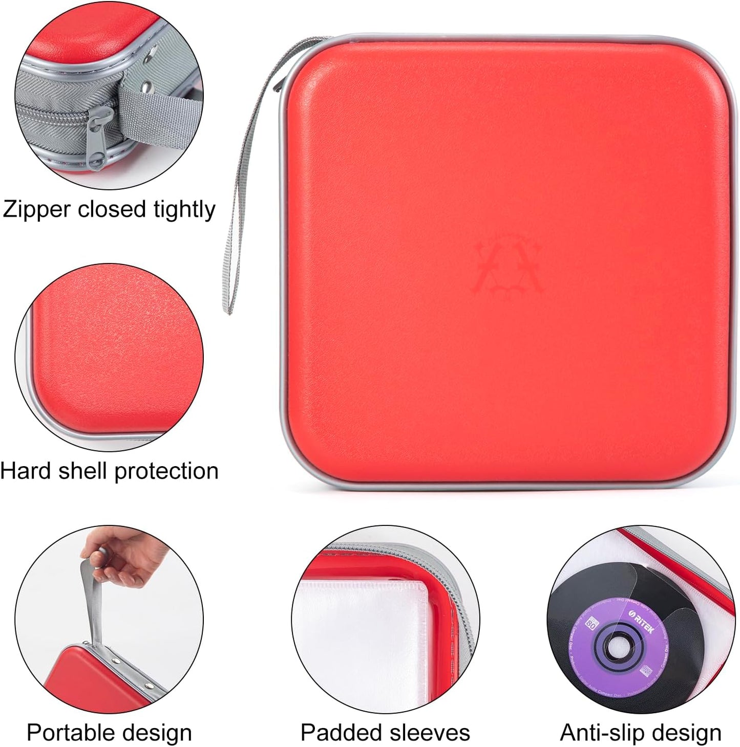 alavisxf xx CD Case, 48 Capacity Hard Plastic DVD Case Portable Zipper CD Holder Large Storage Disc Wallet Bag for Car Home Travel (Red, 48 Capacity)
