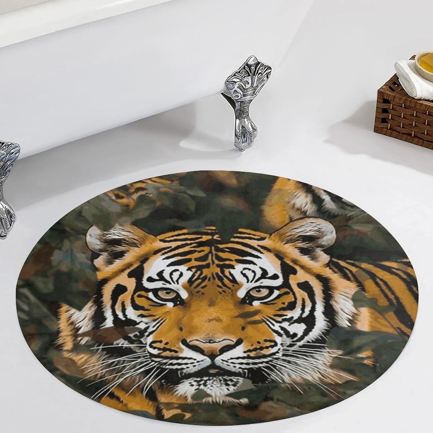 Camouflage Tiger Circle Rug Retro Luxury Coral Velvet Floor Mat Non Slip Soft Indoor Floor Carpet Comfy Thickened Area Rugs Modern Aesthetic Minimalist Carpets for Home Decor