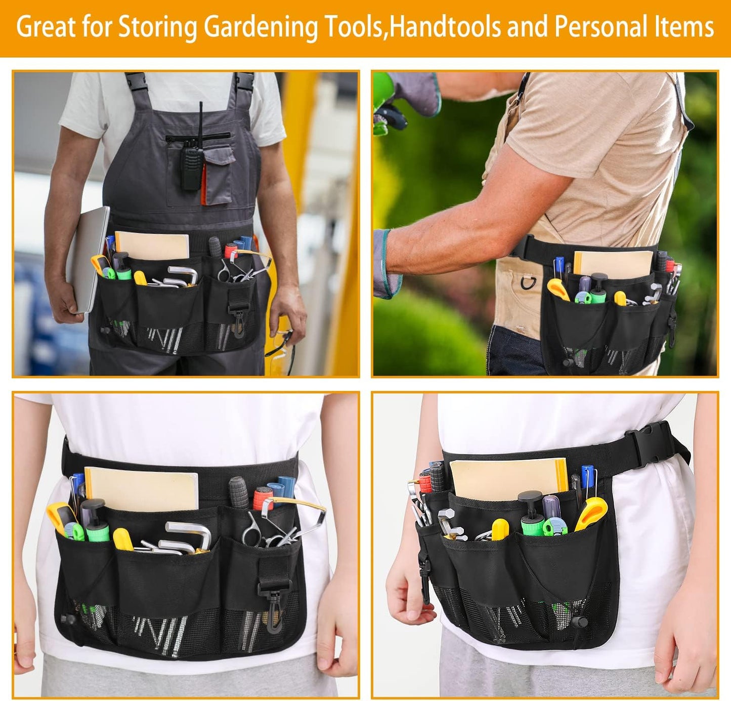 Gardening Tool Waist Bag Belt Heavy Duty Oxford Tool Apron with 7 Pockets of Different Sizes and Depth (Black)