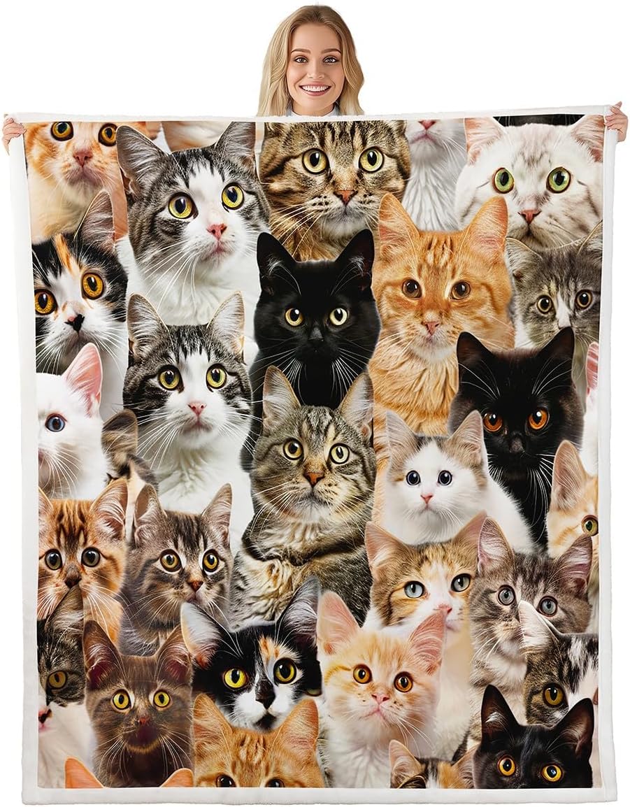 Cat Plush Blanket Cute Kitten Pet Fleece Throw Blanket Lovely Funny Cats Animal Pattern Sherpa Blanket for Bed Sofa Couch Microfiber Toddler Kawaii Fuzzy Blanket Room Decor Twin 60"x80"