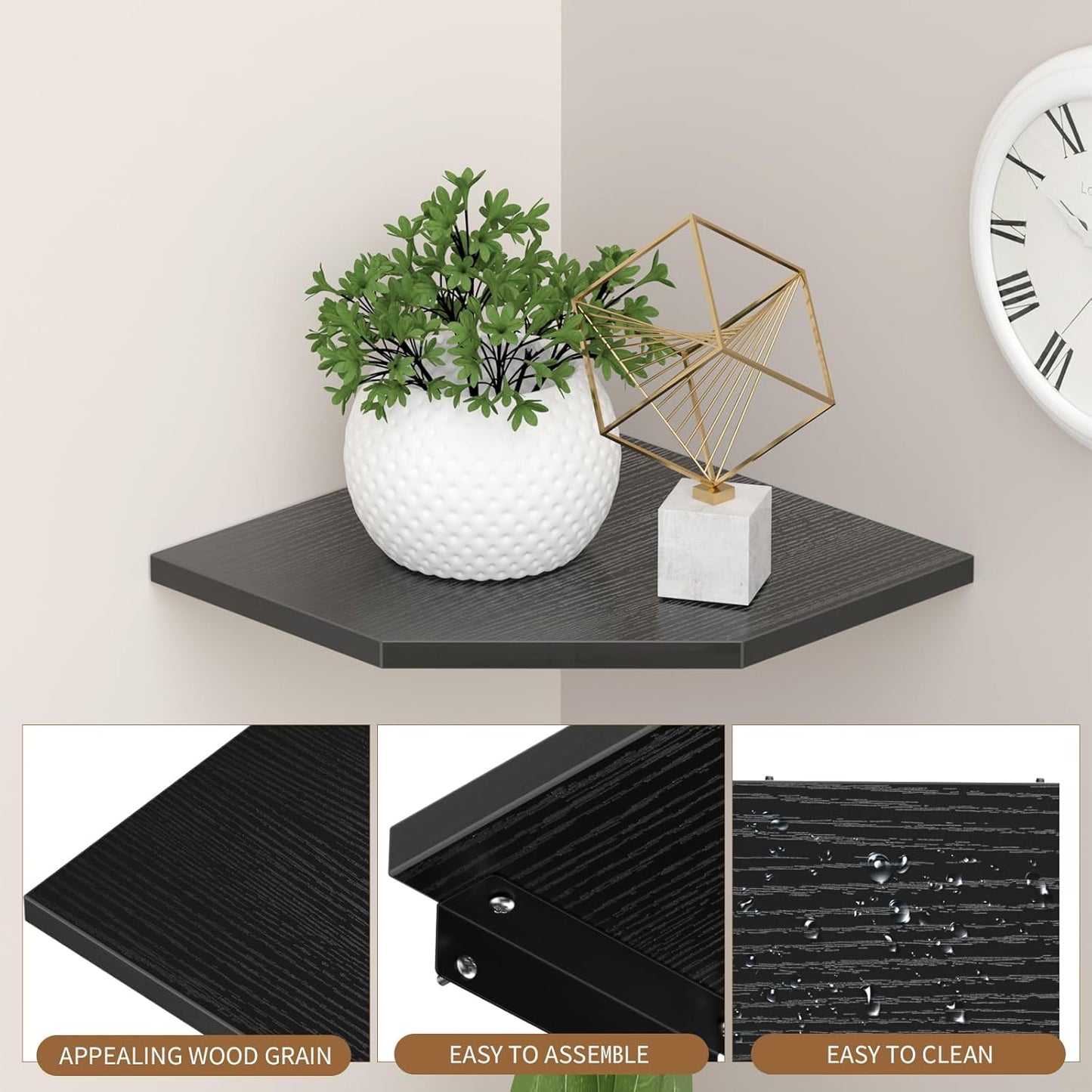 JJL Corner Shelves, 12 Inch Corner Shelf Wall Mounted with Wire Hole, 2 Tier 13.3 Inch Deep Wooden Corner Hanging Shelving for Wall Storage, for Speaker, Cable Box, Black