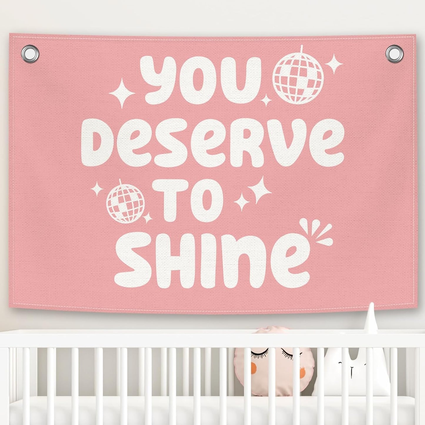 Pink Girls Kids Banner Canvas, Preppy Girly Toddler Room Decor, Inspirational You Deserve to Shine Hanging Flag Sign, Nursery Wall Tapestry Art for Baby Shower Playroom Bedroom Decor 20x30in