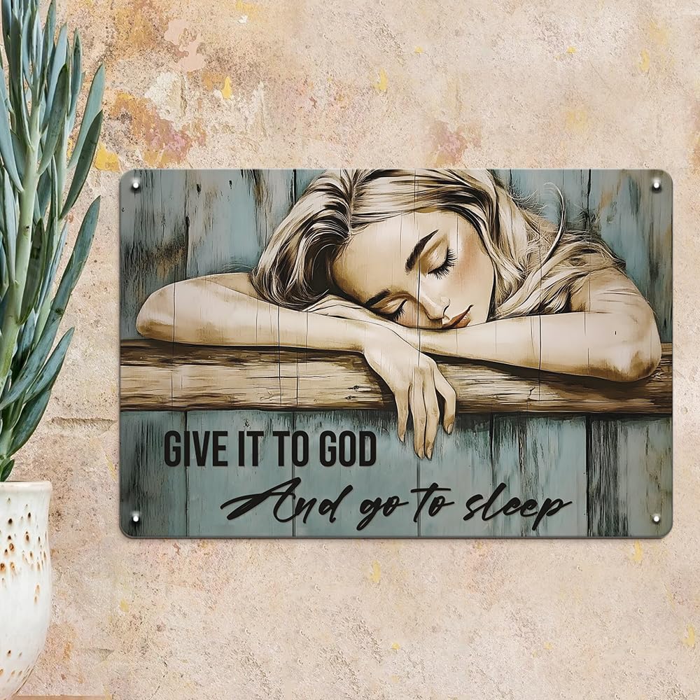 Seeyoo Metal Tin Sign Wall Art - 'Give It to God and Go to Sleep' - Vintage Rustic Metal Sign 7.8 x 11.8 Inch, Christian Home Decor for Bedroom, Living Room, or Gift for Faith Lovers