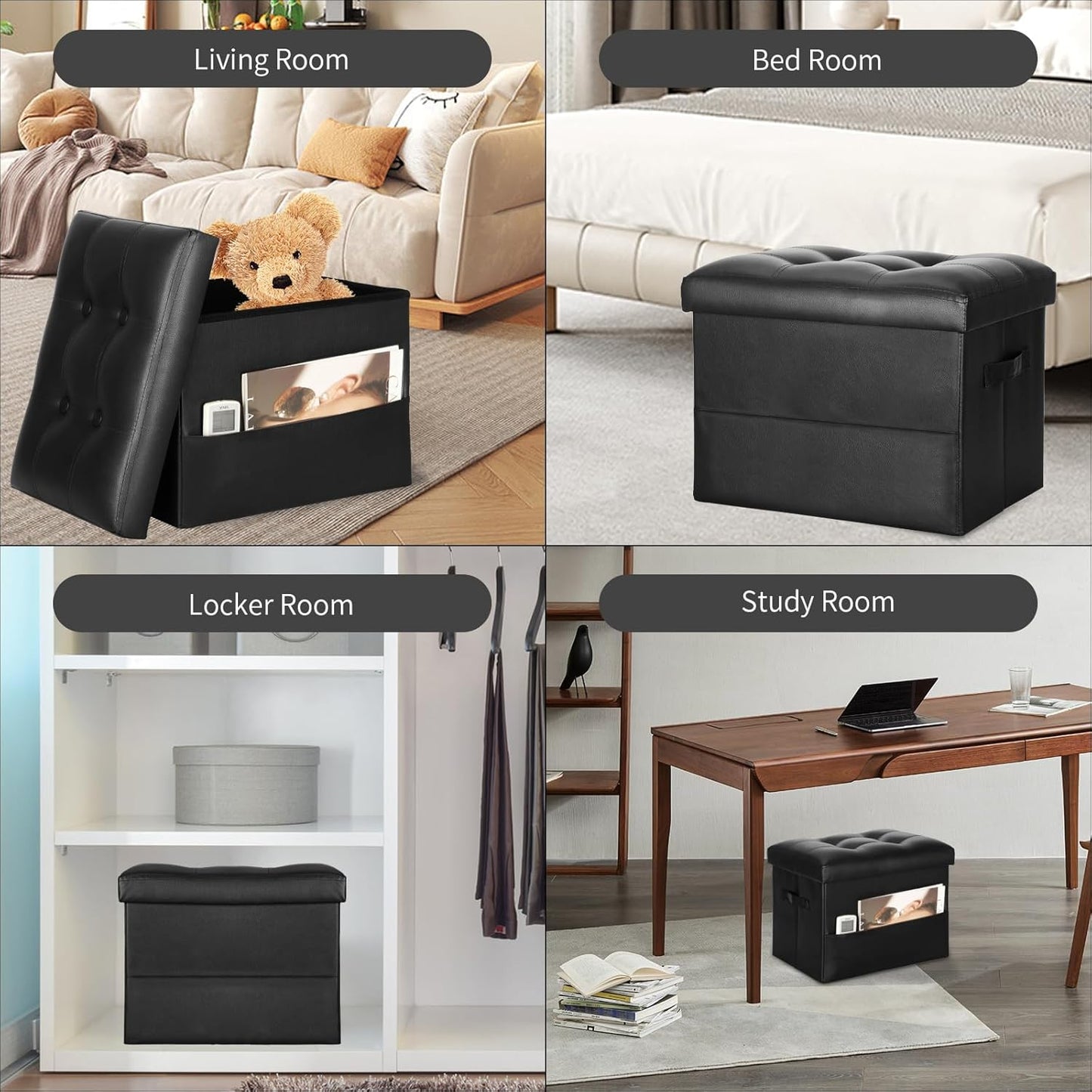 Storage Ottoman Foot Rest Stool with Thicker Foam Padded Seat. Foldable Leather Footstool Bench. Small Ottoman with Storage for Living Room Bedroom Coffee Table 350 lbs, 17x13x13in, Black.