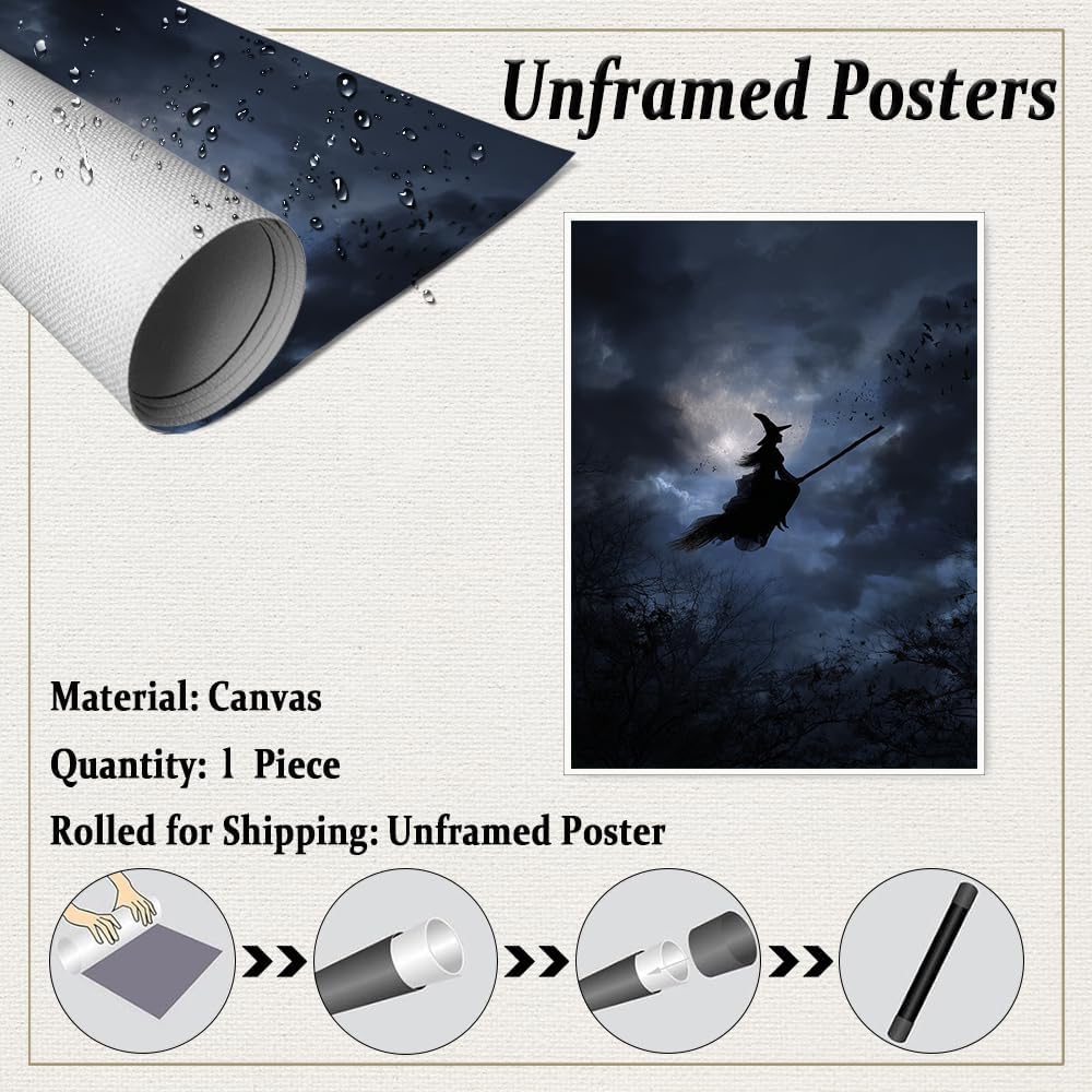 Witch Flying Across Full Moon Night Poster – Dark Halloween Canvas Print with Silhouette, Spooky Sky and Forest Trees for Gothic or Moody Room Wall Decor-12x16Inch Ready to Hang(Unframed)