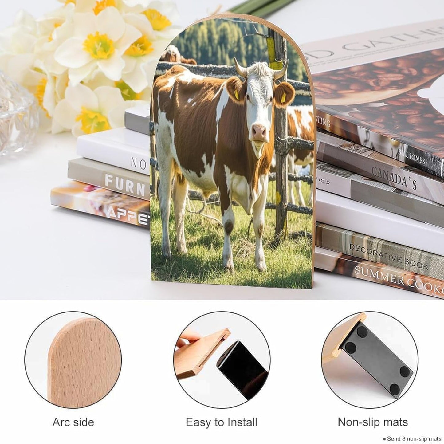 Farm Cow Pictures Bookends 1 Pair Heavy Duty Book Ends for Shelves Non-Skid Bookend Supports Wooden Book Holders with Metal Base Desk Organizers Books Storage to Hold Books