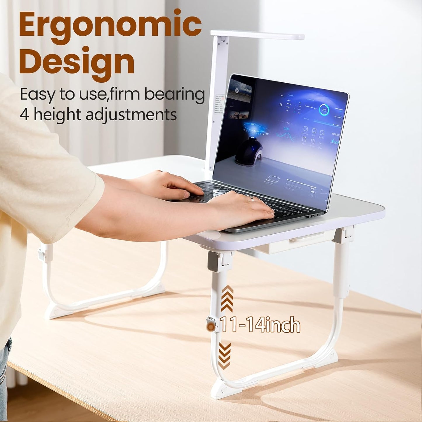 Laptop Desk for Bed Lap Desk with LED Desk Light, Adjustable Tablet Bed Table with Foldable Legs Storage Drawer, Breakfast Serving Tray Folding Laptop Stand Reading Holder for Sofa Couch Floor (WHITE)