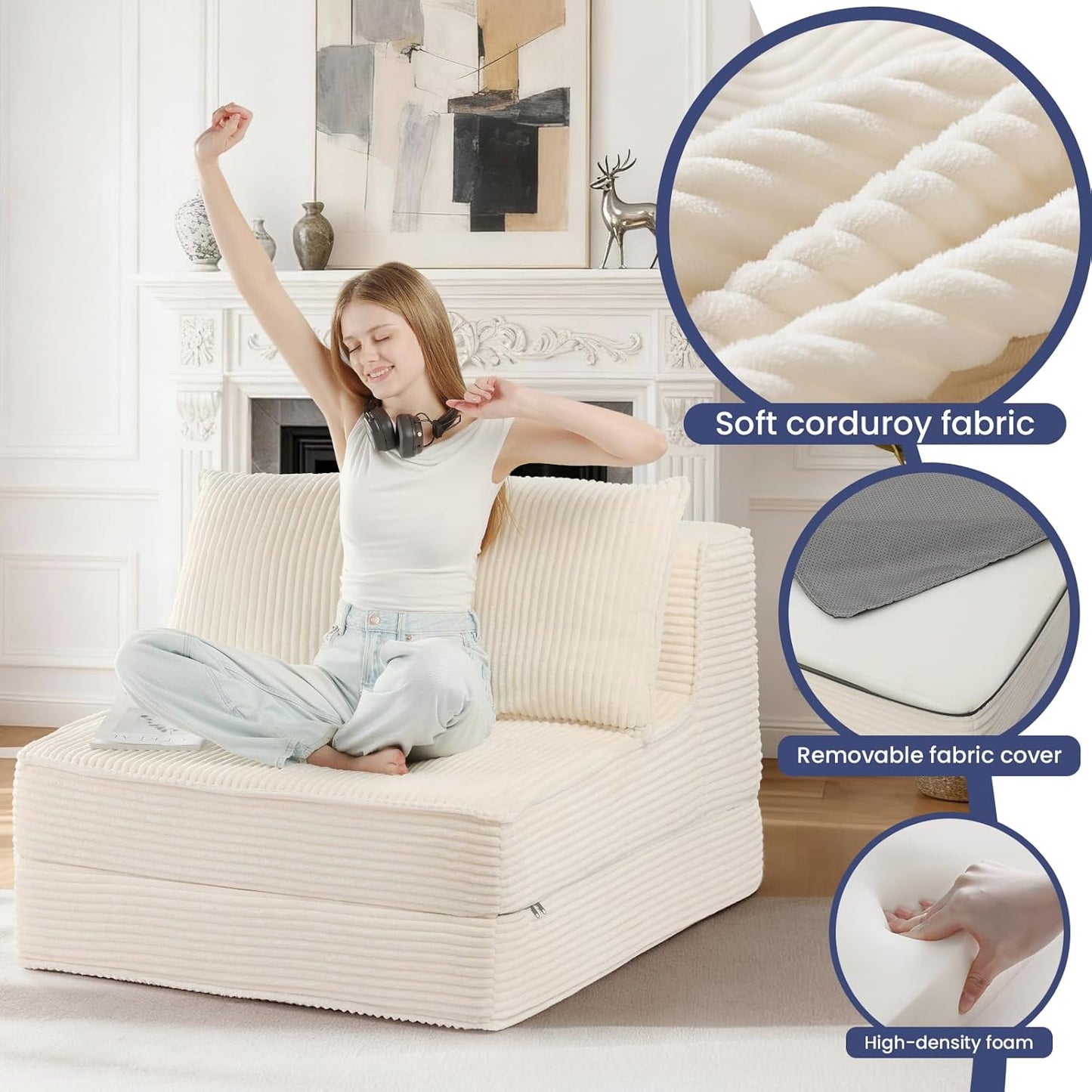 Folding Sofa Bed, Convertible Sleeper Chair with Pillow,Corduroy Comfy Floor Futon for Living Room Bedroom,No Assembly Required,Beige