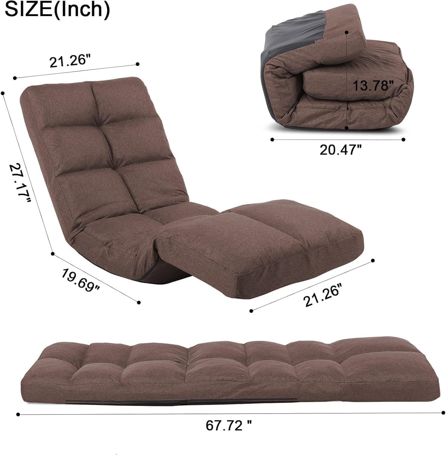 Floor Recliner with Adjustable Footrest - 14-Position Backrest & 5-Level Footrest for Ultimate Relaxation, Foldable Linen Chaise Lounge Chair for Living Room (Brown)