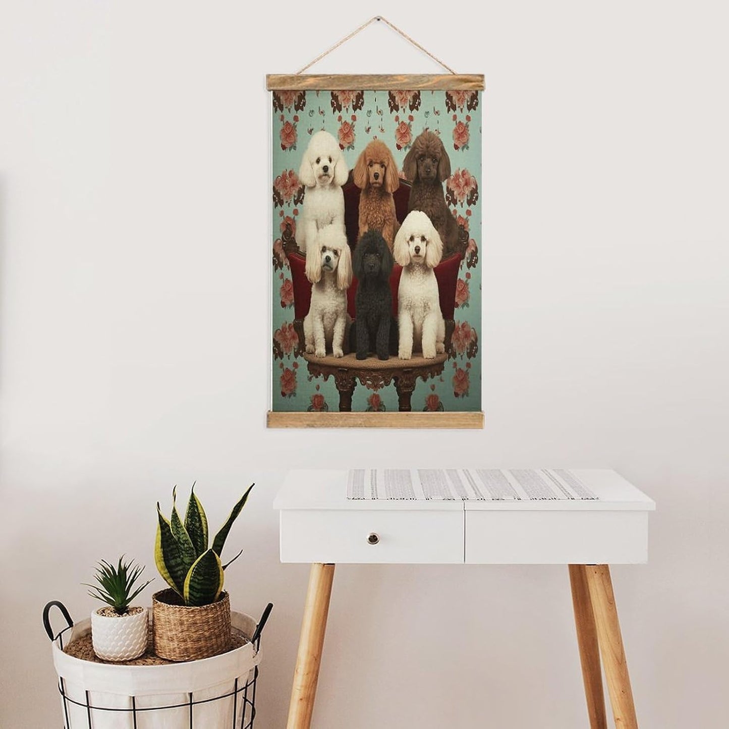 Vintage Poodles Dogs Poster with Wooden Frame Personalized Linen Hanging Scroll Painting Rustic Wall Hanging Illustrative Modern Artwork Decor for Home Living Room Bedroom Office