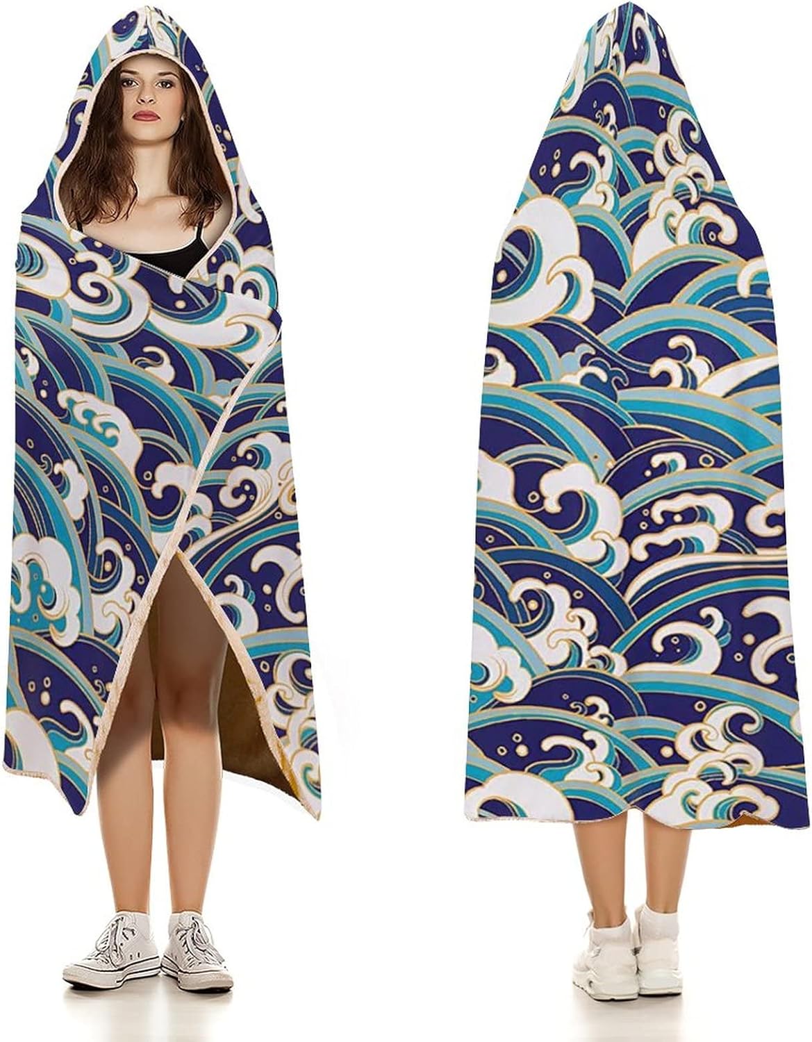 Throw Blankets, Nautical Women Men Hooded Blanket, Traditional Oriental Style Ocean Waves Pattern with, Soft Warm Cozy, 60 x 80inches, Studying Reading Snuggling Napping Office, Blue and White