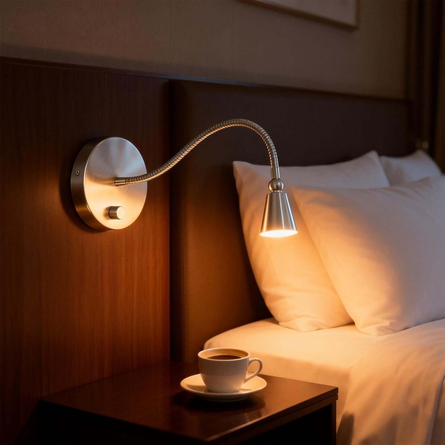 HomeFocus - LED Wall Lamp, Bedside Reading Light, Dimmable 3 Modes, Eye-Caring, Wall Sconces, 5W 3000K Warm White, Flexible Gooseneck, Metal, Satin Nickel