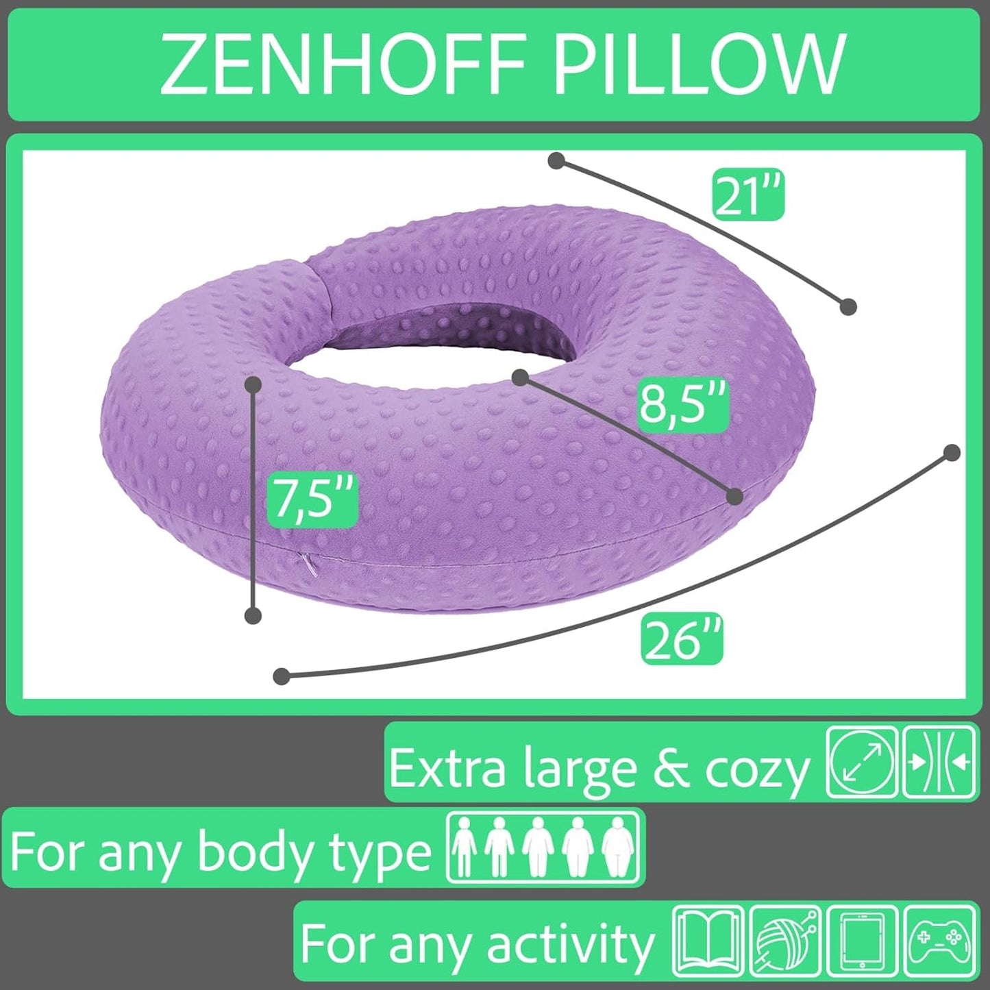 Gaming Pillow for Lap and Arm Rest Support – Crochet Reading Cushion with Arms, Bed Rest & Couch Back Support for Adults (2 Covers, Purple+Grey)
