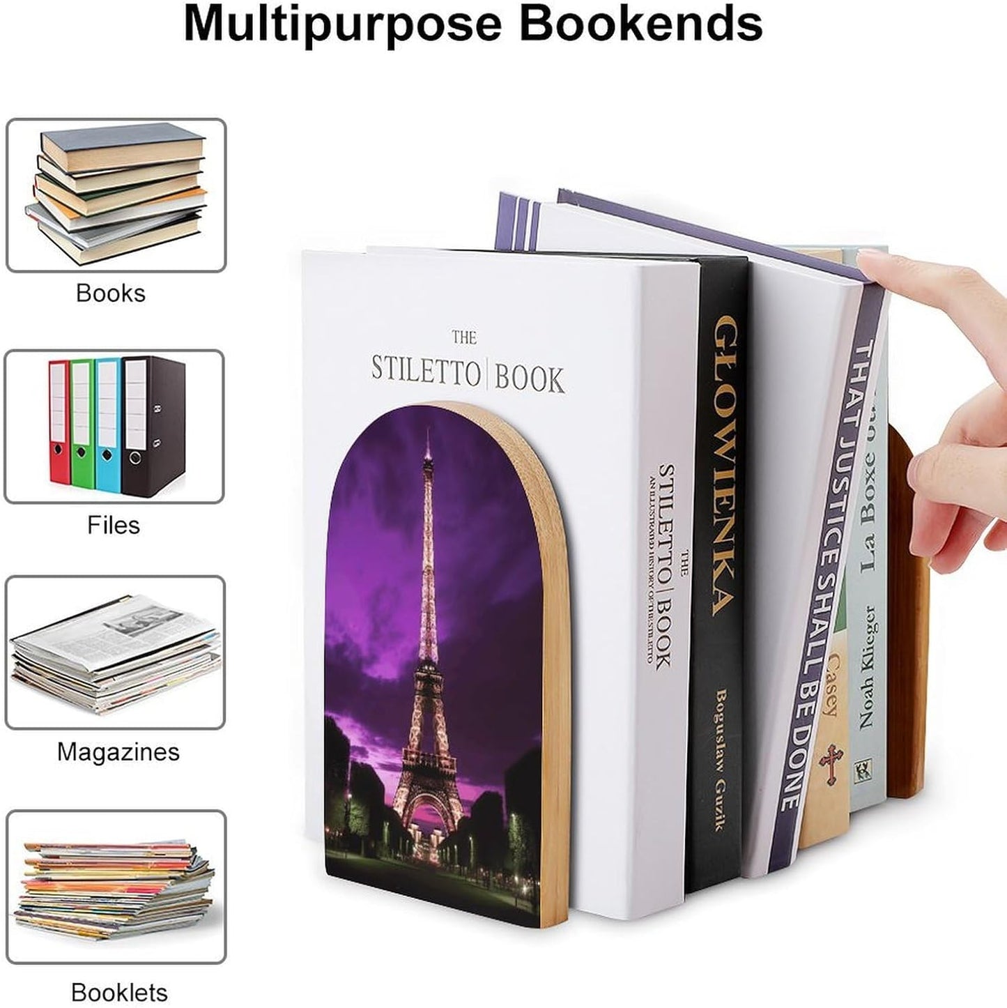 Purple Eiffel Tower Bookend for Shelves Wooden Book End Large Size Sturdy Book Holders Stoppers with Metal Base for Bookshelves Slick Decorative Bookends Stands
