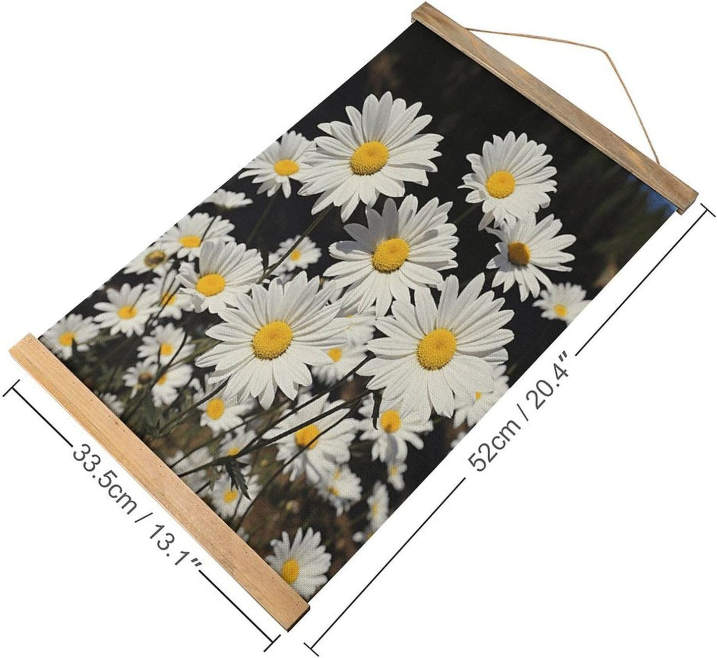 Vintage White Daisy Poster with Wooden Frame Personalized Linen Hanging Scroll Painting Rustic Wall Hanging Illustrative Modern Artwork Decor for Home Living Room Bedroom Office