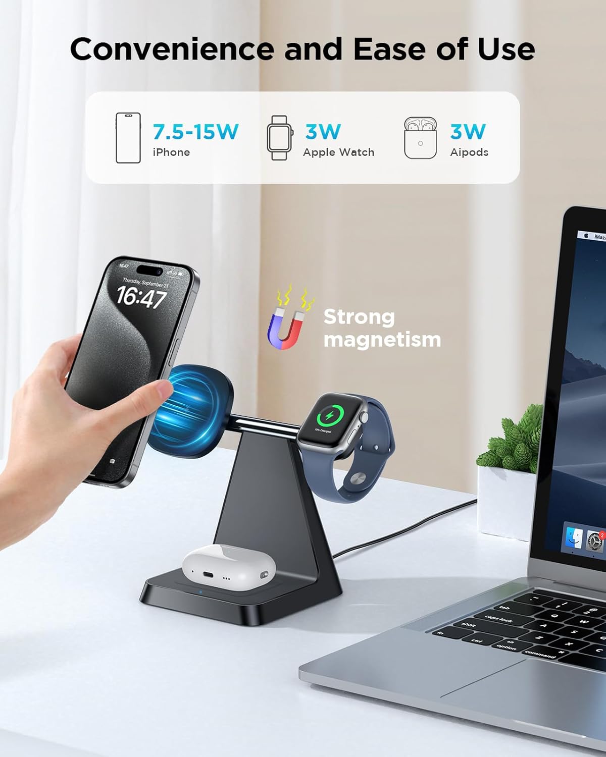 Charging Station for Multiple Devices Apple: Woruda 3 in 1 Magnetic Wireless Charger Stand for Mag Safe iPhone - Nightstand Charging Dock for iPhone 16 15 14 13 12 Pro Max Plus Apple Watch Airpods
