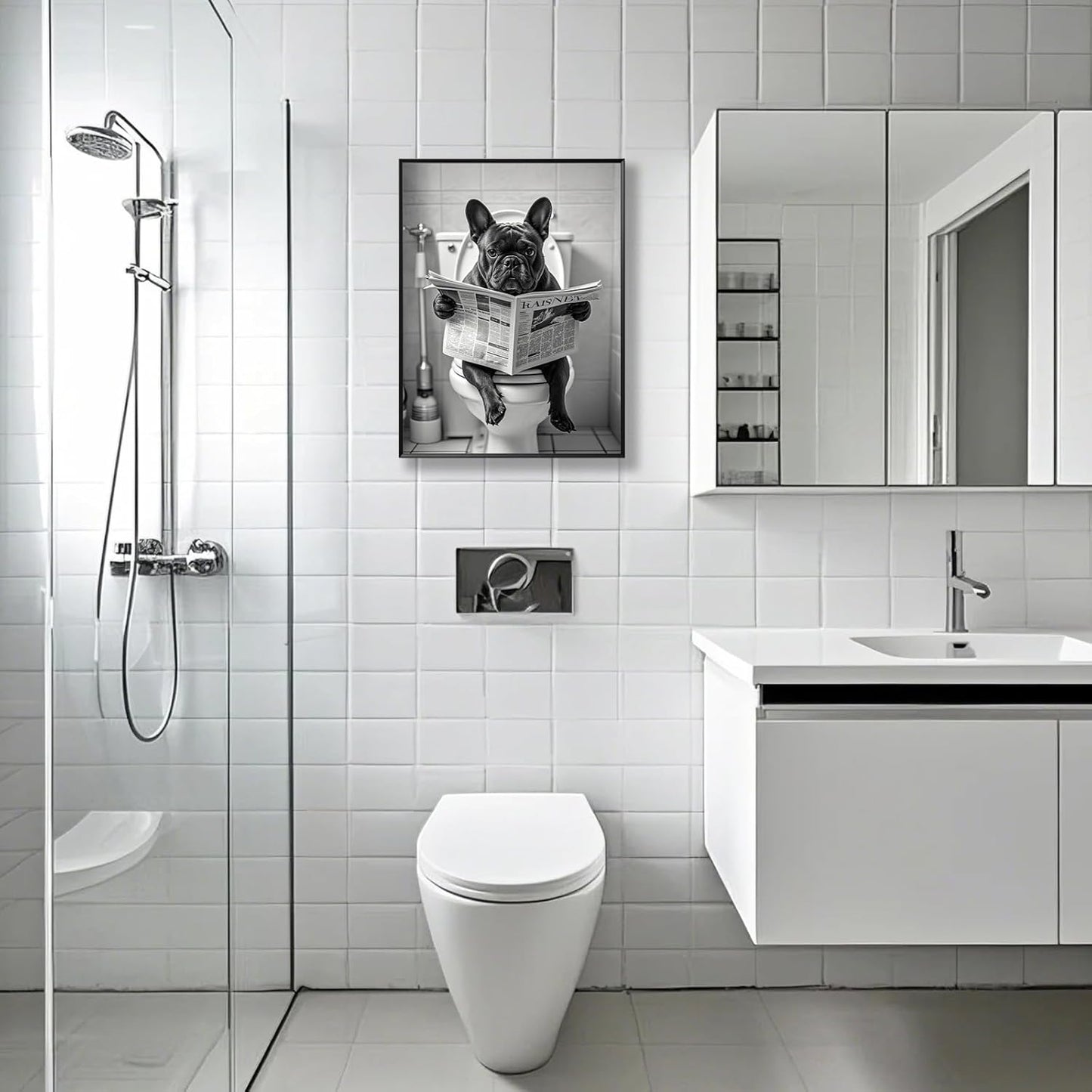 3Pcs Black and White Bathroom Wall Art French Bulldog Reading Newspaper Dog on Toilet Canvas Wall Decor Bathroom Pictures Prints Posters Artwork Toilet Restroom Wall Decorations 12x16 Inch Unframed