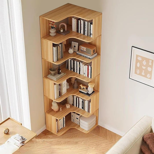 6-Tier Modern Corner Bookshelf, Tall L-Shaped Bookcase with Anti-Drop Panel, Freestanding Etagere Shelf for Home Office & Living Room Storage Organizer