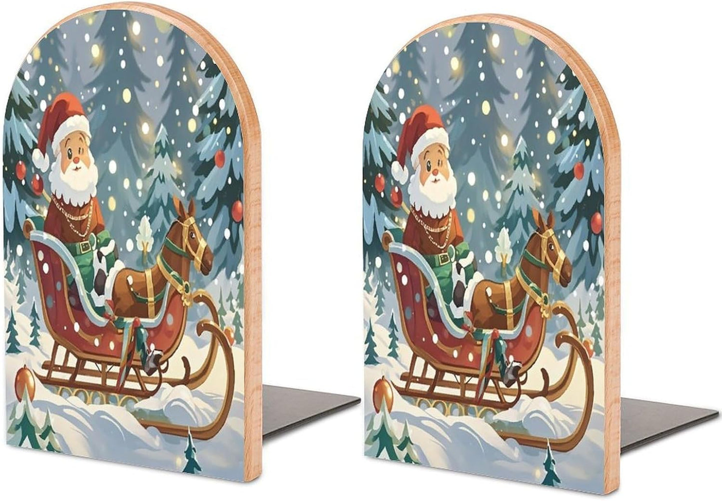 Christmas Sleigh Bookends 1 Pair Heavy Duty Book Ends for Shelves Non-Skid Bookend Supports Wooden Book Holders with Metal Base Desk Organizers Books Storage to Hold Books