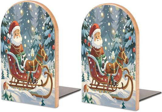 Christmas Sleigh Bookends 1 Pair Heavy Duty Book Ends for Shelves Non-Skid Bookend Supports Wooden Book Holders with Metal Base Desk Organizers Books Storage to Hold Books