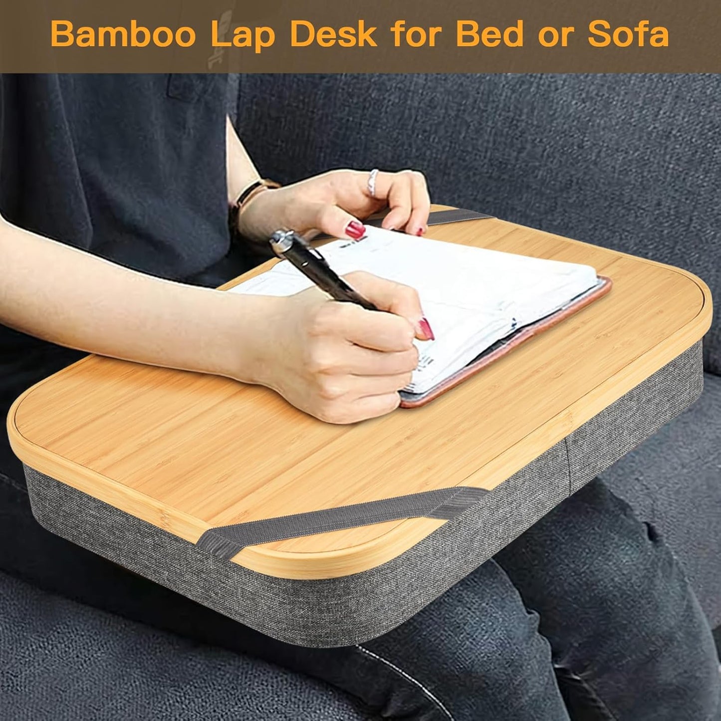 Mayjoy Bamboo Lap Desk with Storage, Cover Removable Lap Desk for Lap, Computer Laptop Stand on Lap, Work on Bed or Couch, Write or Draw on Your Lap (Grey)