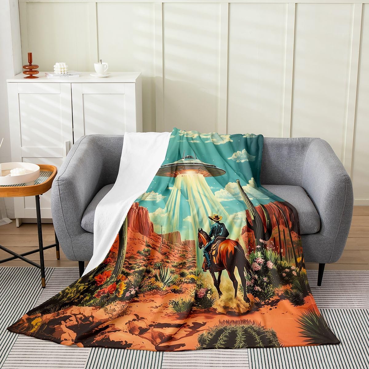 Castle Fairy Cowboy Flannel Fleece Throw Blanket 60"x80" Magical UFO Alien Spacecraft Fuzzy Blanket for Sofa Couch Desert Adventure All Season Bed Blankets Lightweight Plush Blankets,Orange