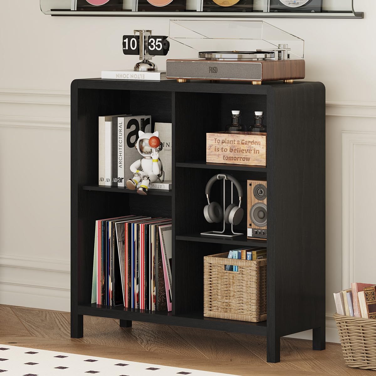FATORRI 5 Cube Bookshelf, Wood Bookcase with 3 Adjustable Shelves, Farmhouse Cube Storage Organizer Shelf for Small Space Bedroom Living Room (Black)