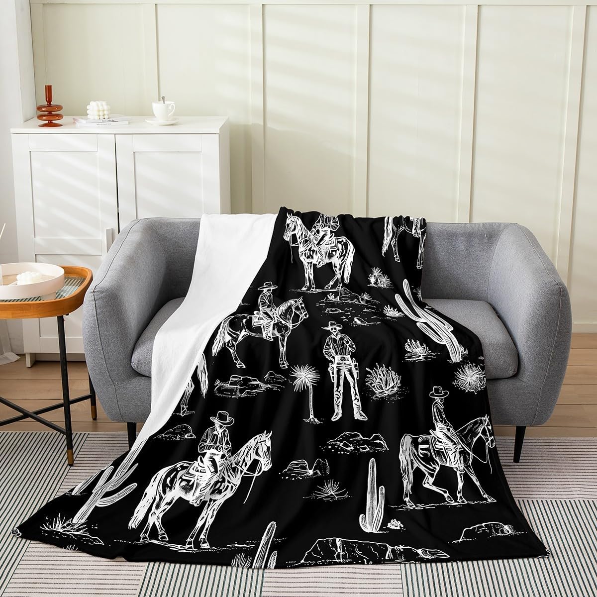 Feelyou Black Western Fuzzy Blanket Queen 90"x90" Horse Cowboy Flannel Fleece Throw Blanket for Sofa Couch Decor Rustic Western Decor Wild Western Cowboy All Season Bed Blanket Tribal Plush Blanket