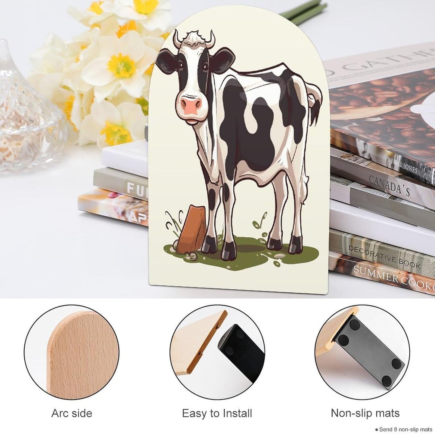 Non-Slip Bookend for Shelves Dairy Cow Wooden Bookends with Metal Base Decorative Book Stopper for Home Heavy Duty Wood Book Storage for Books/CDs
